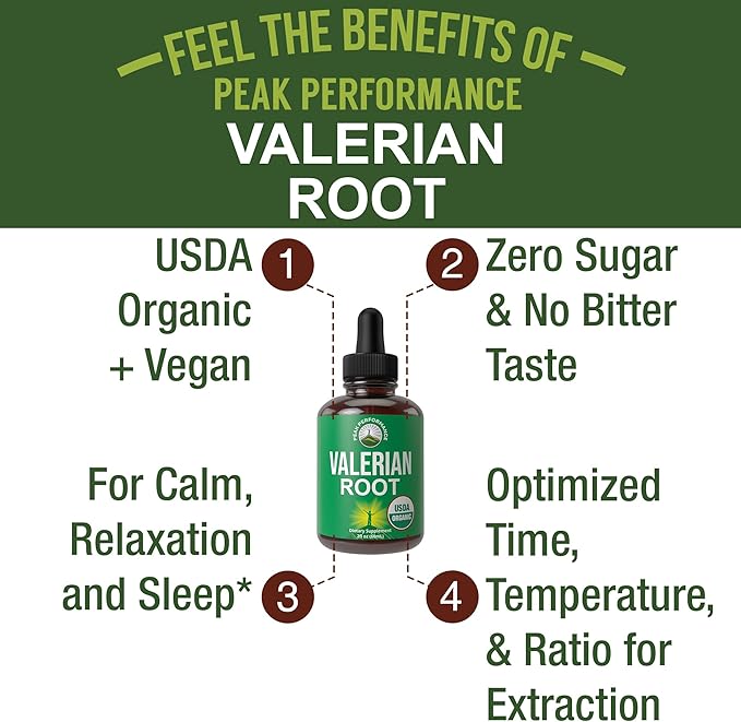 USDA Organic Valerian Root Liquid Drops Supplement. Vegan Extract Tincture for Relaxation, Sleep, Calm. Great Alternative to Valerian Capsules. Zero Sugar, Gluten Free Supplements for Women and Men