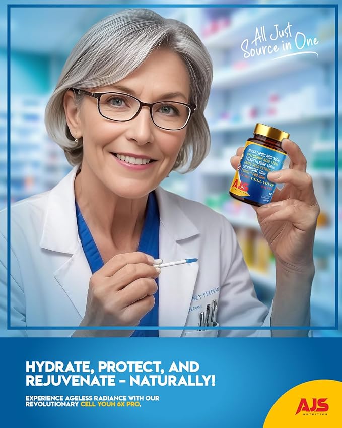 AJS Pure Cell Youth 6X PRO, 90 Capsules -PQQ 40mg, R-Lipoic Acid 360mg, Sodium Hyaluronate 120mg, Pterostilbene 150mg, Grape Seed Extract 50mg, Spermidine 10mg