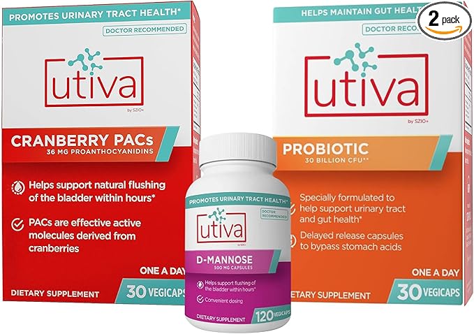Szio+ 10% Bundle Utiva Cranberry PACs 30 Vegi Capsules + Utiva D-Mannose 500mg 120 Capsules + Utiva Probiotic 30 Delayed Release Vegi Capsules