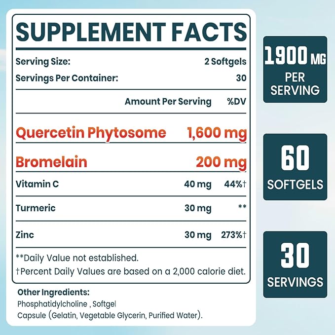 Liposomal Quercetin Phytosome, Quercetin with Bromelain, Zinc & Vitamin C, Bioactive Phytosome Complex, 20X Higher Absorption - 60 Softgels