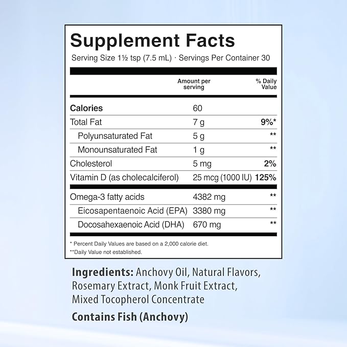 5X Ultimate Strength Omega 3 Fish Oil Liquid with Vitamin D, Burpless Liquid Fish Oil Supplements with High EPA and DHA Omega 3 Fatty Acid Supplements, 7.60 floz, Lemon Flavor