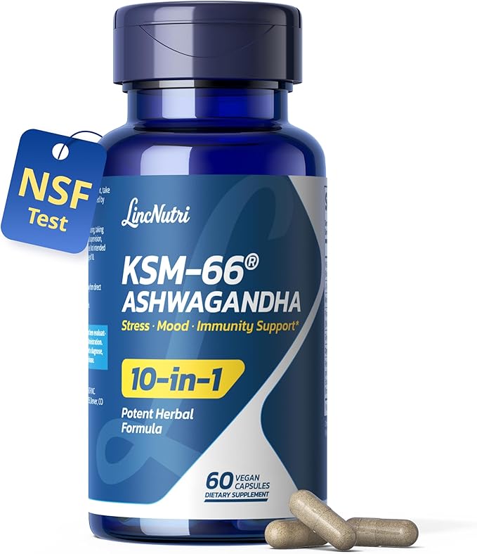 KSM-66 Ashwagandha Supplements | Ashwagandha Root Extract for Women & Men | 10-in-1 Adaptogen Complex for Cortisol Manager, Stress, Energy & Immune Support | 60 Vegan Capsules