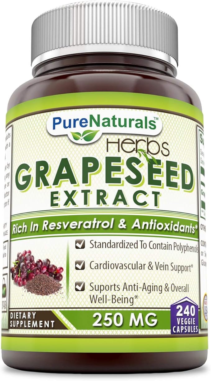 Pure Naturals Grapeseed Extract 250 Mg, 240 Veggie Capsules (Non-GMO), Standardize to Contain Polyphenols, Cardiovascular & Vein Support, Supports Anti-Aging & Overall Well-Being