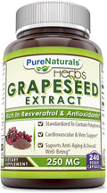 Pure Naturals Grapeseed Extract 250 Mg, 240 Veggie Capsules (Non-GMO), Standardize to Contain Polyphenols, Cardiovascular & Vein Support, Supports Anti-Aging & Overall Well-Being