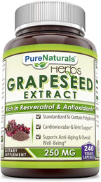 Pure Naturals Grapeseed Extract 250 Mg, 240 Veggie Capsules (Non-GMO), Standardize to Contain Polyphenols, Cardiovascular & Vein Support, Supports Anti-Aging & Overall Well-Being