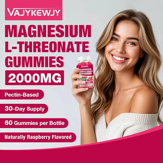 Magnesium L-Threonate Gummies - 2000mg for Brain, Muscle & Nervous System Support. Sugar-Free Raspberry Flavor, 60 Count for Kids & Adults