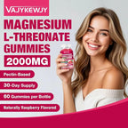 Magnesium L-Threonate Gummies - 2000mg for Brain, Muscle & Nervous System Support. Sugar-Free Raspberry Flavor, 60 Count for Kids & Adults