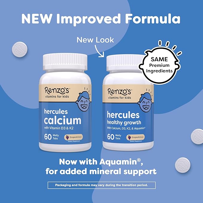 Renzo's Hercules Healthy Growth Calcium Supplement with Vitamin D3, K2 & Aquamin - Vitamins for Kids Height, Ages 2+, Dissolvable, 60 Grape-Flavored Melty Tabs