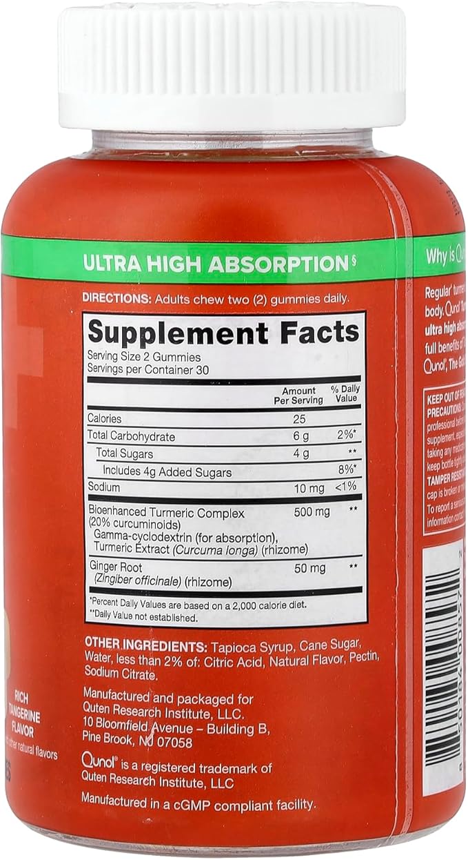 Qunol Turmeric and Ginger Gummies, Turmeric Curcumin Supplement + Ginger, Joint Support Gummy, Ultra High Absorption, Vegan, Gluten Free, 1 Month Supply, 60ct Gummies