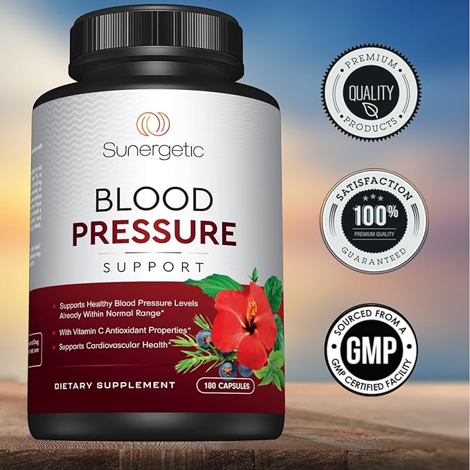 Sunergetic Premium Blood Pressure Support Supplement for Cardiovascular & Heart Health with Garlic, Hawthorn & Hibiscus (180 Capsules)