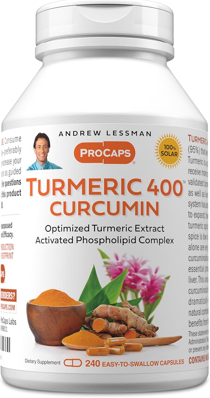 ANDREW LESSMAN Turmeric 400mg - 240 Capsules - 95% Curcuminoids as Phospholipid Complex for Optimum Benefits and Absorption, High Potency Standardized Extract, Small Easy to Swallow Capsules