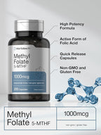Horbäach Methyl Folate Supplement | 1000 mcg | 200 Capsules | 5-MTHF | Folic Acid | Non-GMO, Gluten Free Methylfolate