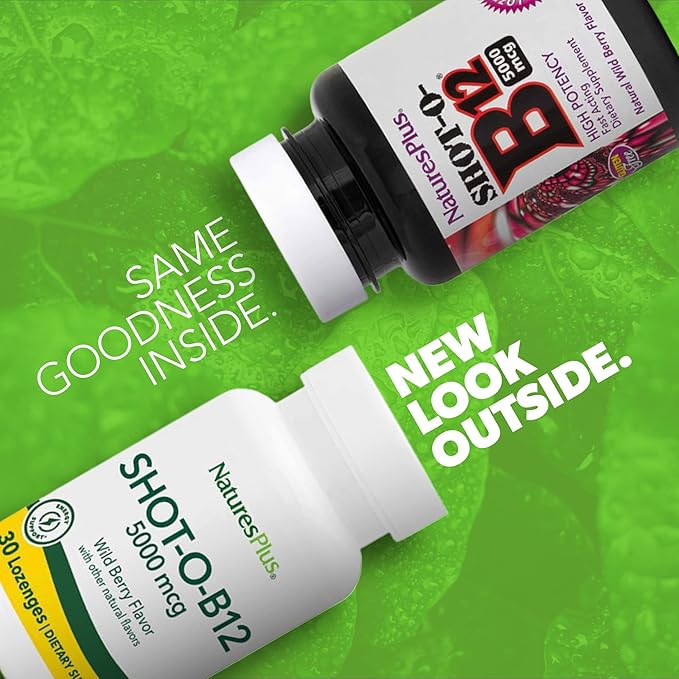 NaturesPlus Shot-O-B12 - 30 Lozenges, Wild Berry Flavor - 5000 mcg - Vegan, Gluten Free - 30 Servings