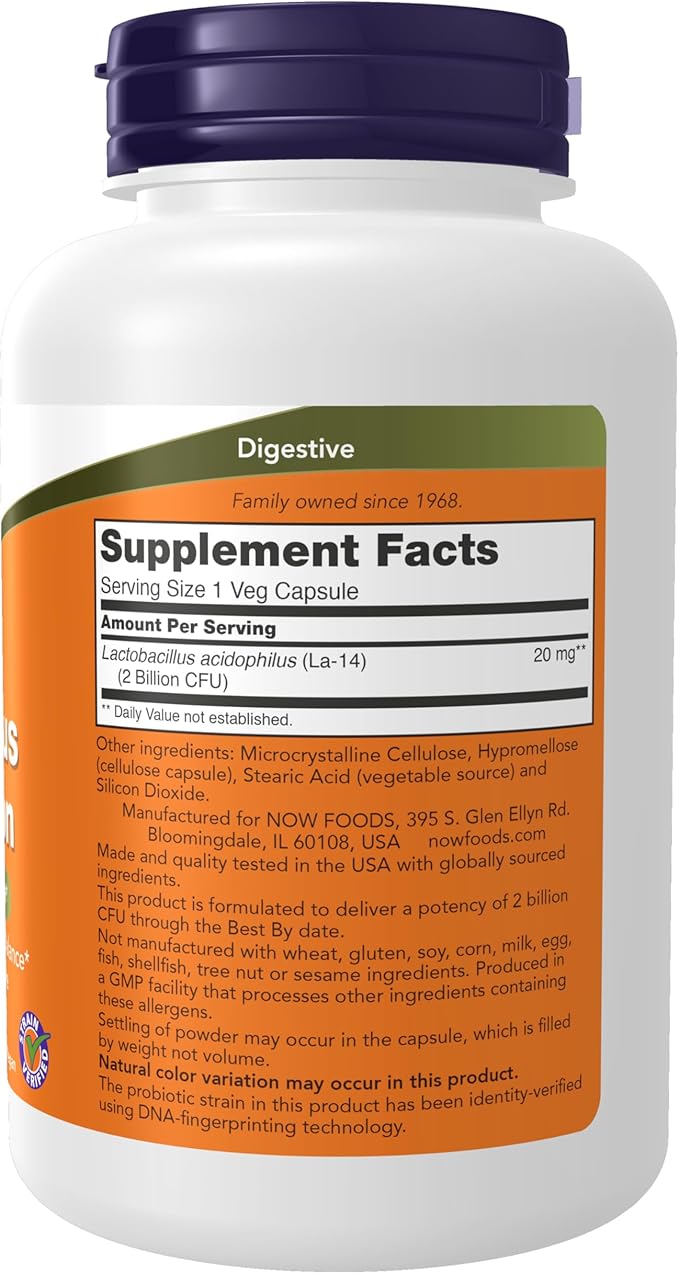 NOW Foods Supplements, Acidophilus, Two Billion, Strain Verified, Healthy Intestinal Flora*, 250 Veg Capsules