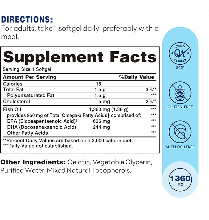 Vitamin World Triple Strength Omega 3 Fish Oil 1360 mg Supplement, 950 mg Active Omega-3 Fatty Acids with EPA & DHA, Supports Heart, Brain & Joint Health, Gluten Free, 180 Softgels, 6 Months Supply