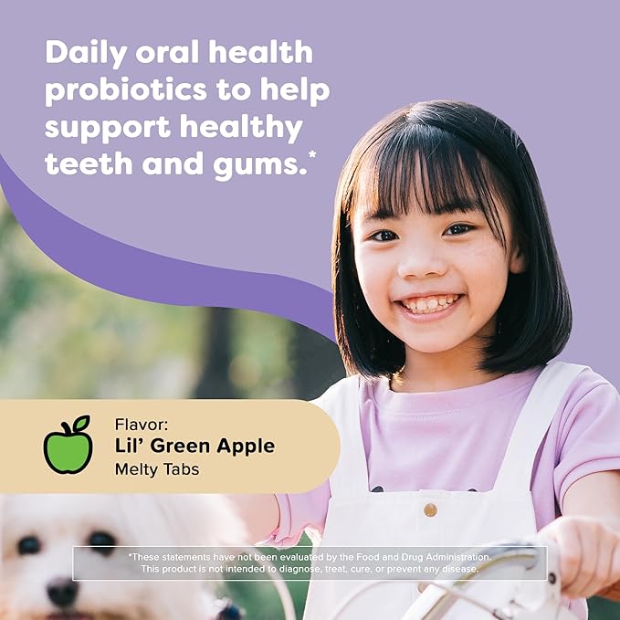 Renzo's Smile Patrol Dissolvable Probiotics for Kids, Sugar-Free - Kids Oral Health Supplement with 4 Probiotic Strains & L-Arginine for Healthy Teeth & Gums - 30 Melty Tabs, Green Apple Flavor