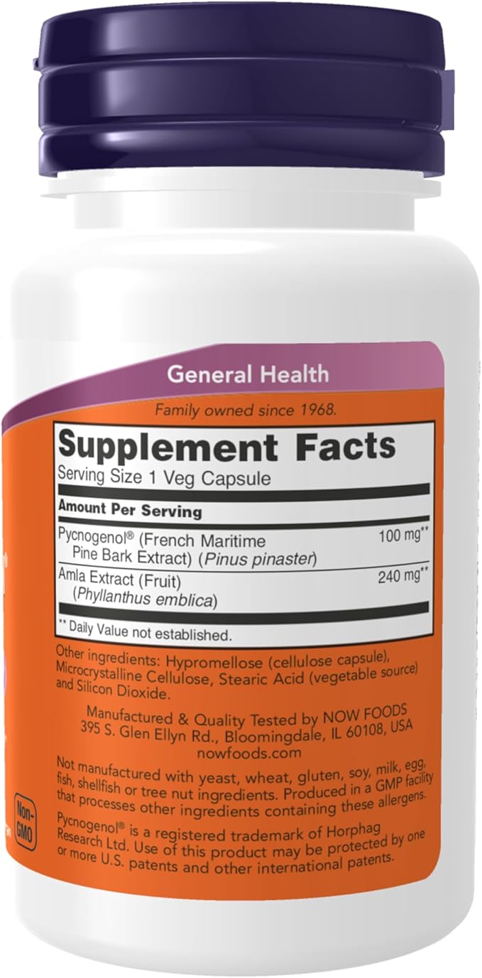 NOW Foods Supplements, Pycnogenol 100 mg (a Unique Combination of Proanthocyanidins from French Maritime Pine) with Amla, 60 Veg Capsules, (Pack of 2)