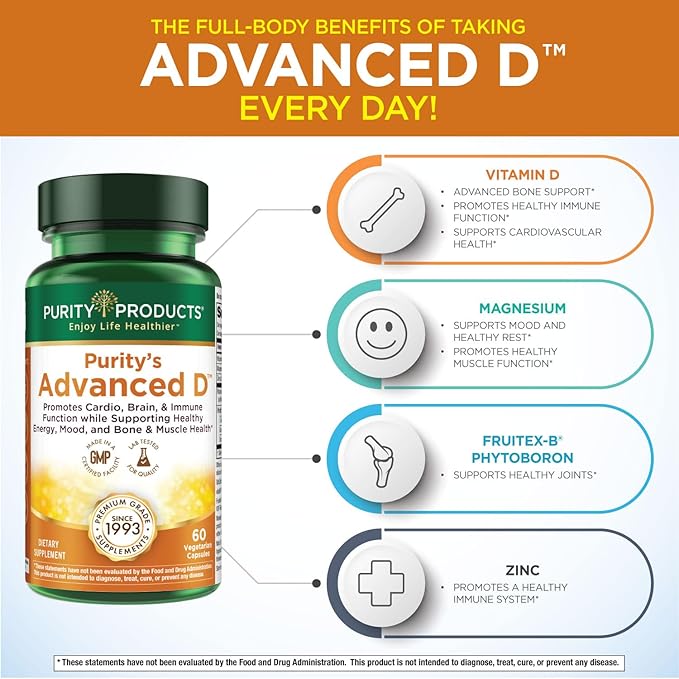 Purity Products Advanced D from Vitamin D3 Super Formula - Packed with Vitamin D, Vitamin K2, Zinc, Magnesium Citrate, Boron and Taurine - 60 Vegetarian Capsules