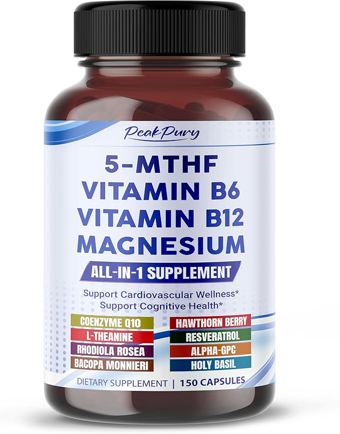 Ultra 5-MTHF with Vitamin B6, B12, Magnesium, CoQ10 & Rhodiola – All-in-1 Supplement for Cardiovascular, Mood & Brain Support – 150 Capsules
