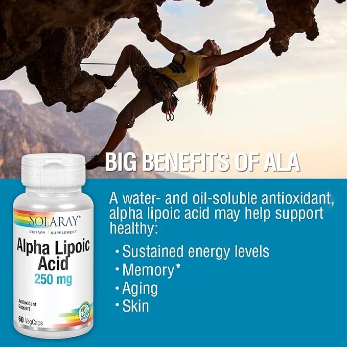 SOLARAY Alpha Lipoic Acid 250 mg - 60 VegCaps - Healthy Antioxidant Activity & Energy Support - Non-GMO & Vegan
