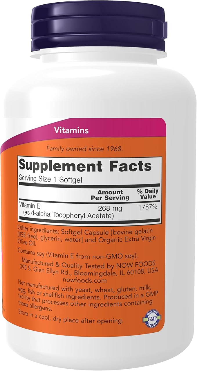NOW Foods Supplements,Vitamin E-400 IU,D-Alpha Tocopheryl,Antioxidant Protection*,250 Softgels,(Pack of 2)