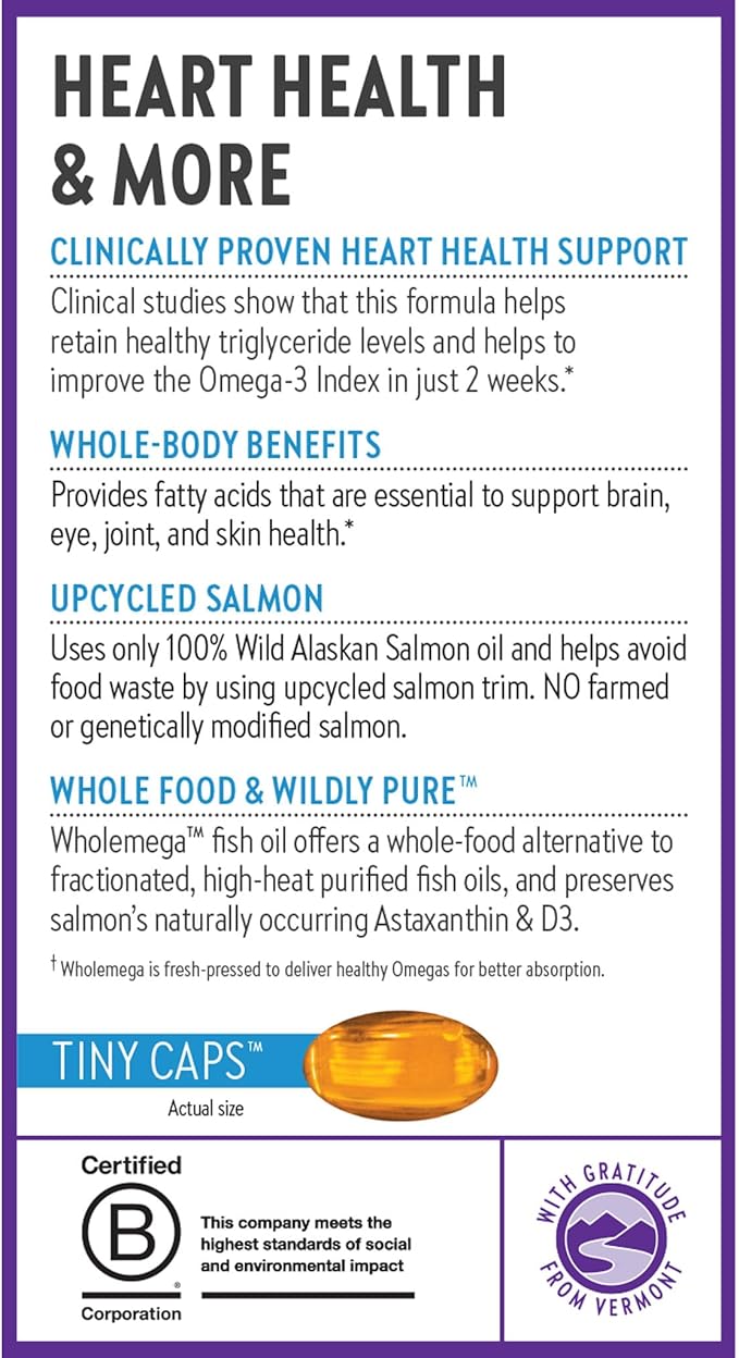 New Chapter Wholemega Fish Oil Supplement, Tiny Capsules, 2000mg per Serving, Clinically Proven Wild Alaskan Salmon Oil with Omega-3 + Vitamin D3 + Astaxanthin, 500mg Each - 90 Count