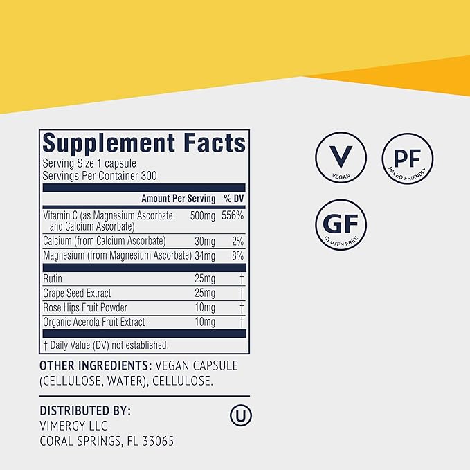 Vimergy Micro-C® Vitamin C Capsules – 500mg per Capsule, Supports Immune Health*, Promotes Collagen Production, Supports Healthy Bones*, Kosher, Vegan & Gluten-Free, Value Size 300 Capsules