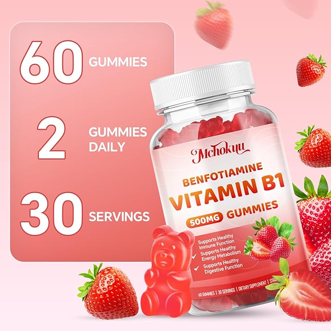 Vitamin B1 Gummies 500mg with Benfotiamine – Thiamine Supplement for Women & Men Supports Healthy Energy Metabolism & Immune, Sugar-Free | Vegan | Non-GMO, Natural Strawberry Flavor, 60 Count