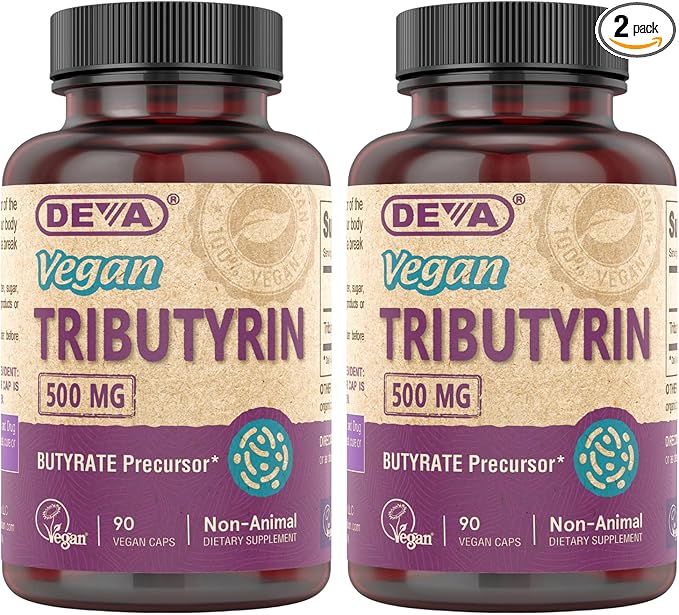 DEVA Vegan Tributyrin Supplement - Butyrate Precursor, Gut Barrier Support, Butyric Acid, 500 MG Vegan Capsules, Leaky Gut Support, Digestion, 90 Count (Pack of 2)