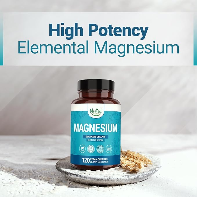 Nested Naturals Magnesium Glycinate Chelate - 200mg Magnesium Supplement for Muscle Cramps, Relaxation, & Sleep Support - 100% Albion TRACCS Buffered Magnesium Glycinate - 3-Pack (360 Vegan Capsules)