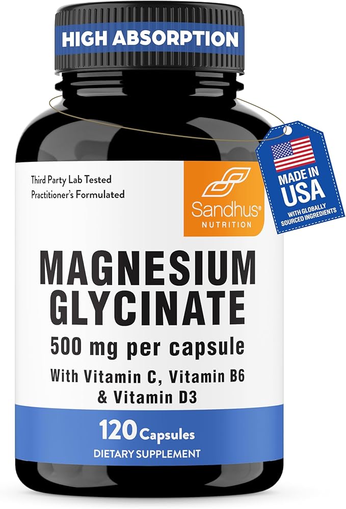 Magnesium Glycinate 500mg High Absorption Capsules with Vitamin C D3 B6 Zinc | Quality Sleep, Relaxation & Muscle Health Supplement for Women and Men | Chelated Magnesium 120 Count | Easy to Swallow