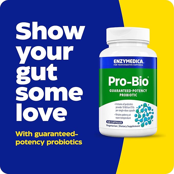 Enzymedica Pro-Bio Probiotic Supplement for Digestive & Gut Health - Daily Probiotic Capsules for Women & Men, 10 Billion CFU, Helps Reduce Gas & Bloating, Stomach Acid Resistant - 120 Caps