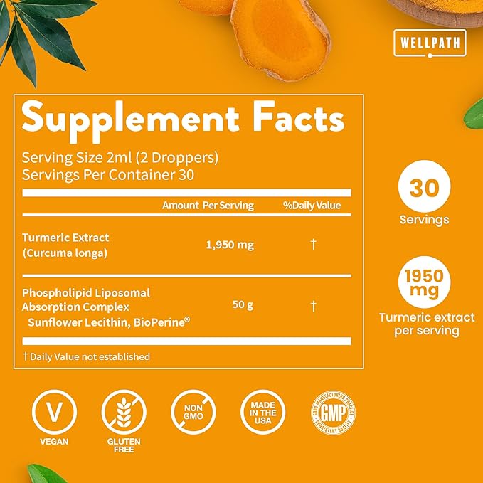 WellPath Liposomal Curcumin Supplement | Liquid Turmeric Drops with Black Pepper Extract | Enhanced Absorption | Non-GMO, Vegan, 2 oz
