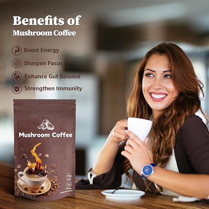 Mushroom Coffee - 6 in 1 AdaptogenicMushroom Blend with Ashwagandha KSM-66 & L-Theanine Instant Mushrooms Coffee for Boost Energy, Focus & Digestion Sugar-Free