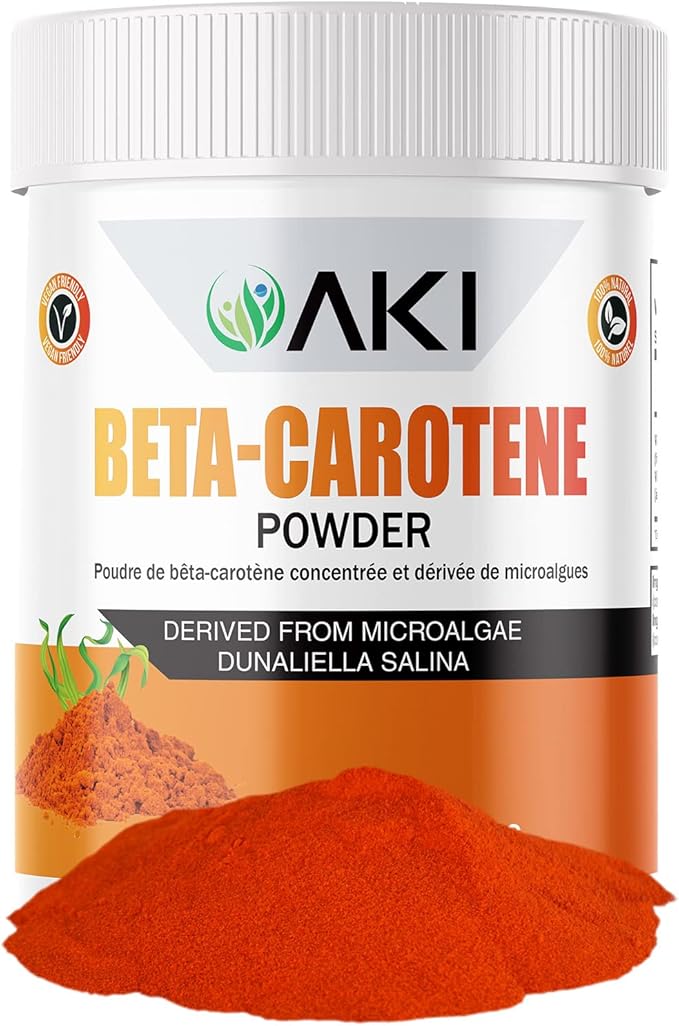 AKI Beta Carotene 10% Powder (1.5oz/42.52g) Highly Concentrated flavouring Fount of Vitamin A, May Helps to Support Body Functions, Skin, Immune System and Eye - GMO Free & Vegan Friendly