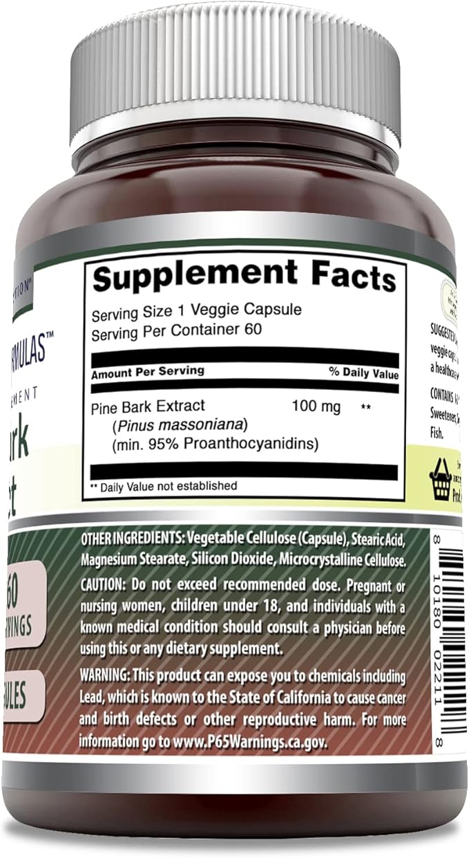 Amazing Formulas Pine Bark Extract 100 Mg | Vegetarian Capsules Supplement | Non-GMO | Gluten-Free | Non-GMO | Gluten-Free | 1 Pack | 60 Count