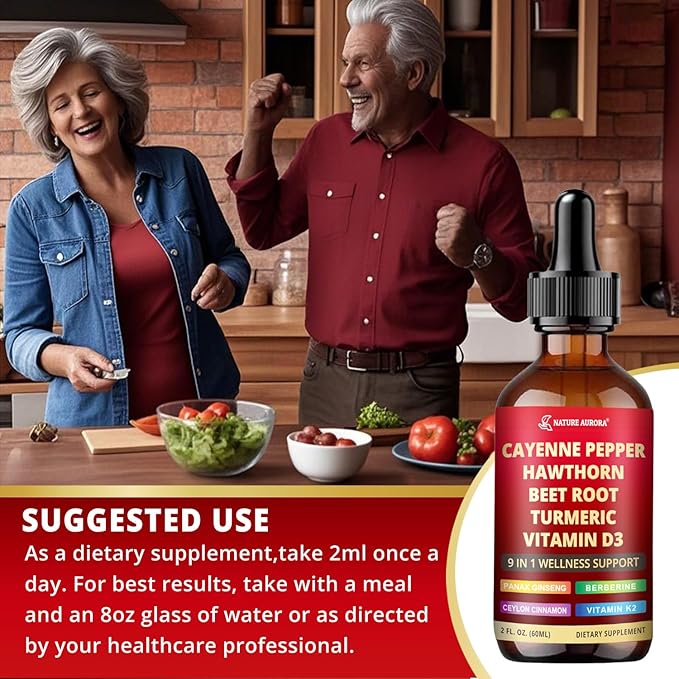 Cayenne Pepper Liquid Drops, 2pcs Cayenne Pepper Extract Drops Supplement Liquid with Hawthorn Berry, Ceylon Cinnamon and 5 More Herbals - Immune Support, Circulation & Overall Wellness