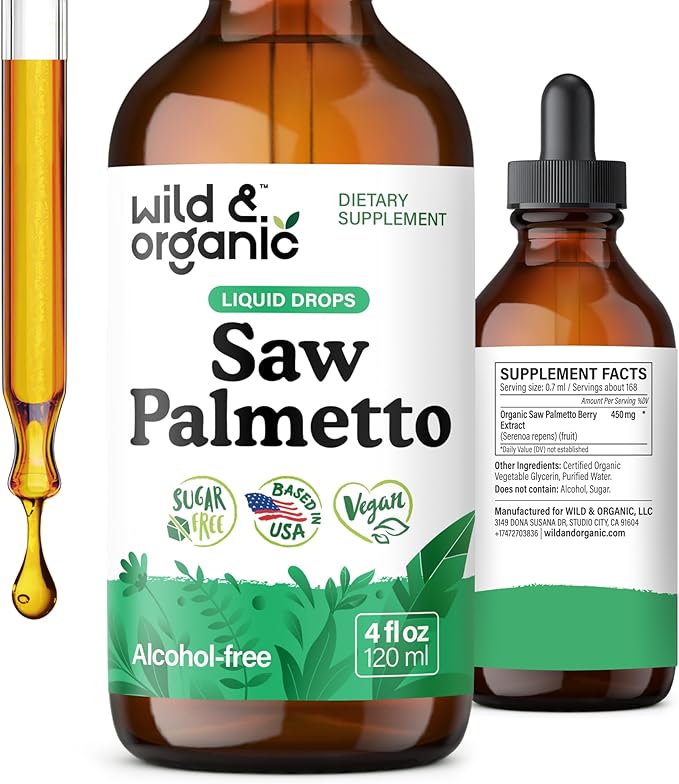 Wild & Organic Saw Palmetto for Men & Women - Urinary Tract & Hair Support - Saw Palmetto Extract Liquid Drops - Add to Tea - Serenoa Repens Berries Supplement - Vegan, Sugar & Alcohol-Free - 4 fl oz