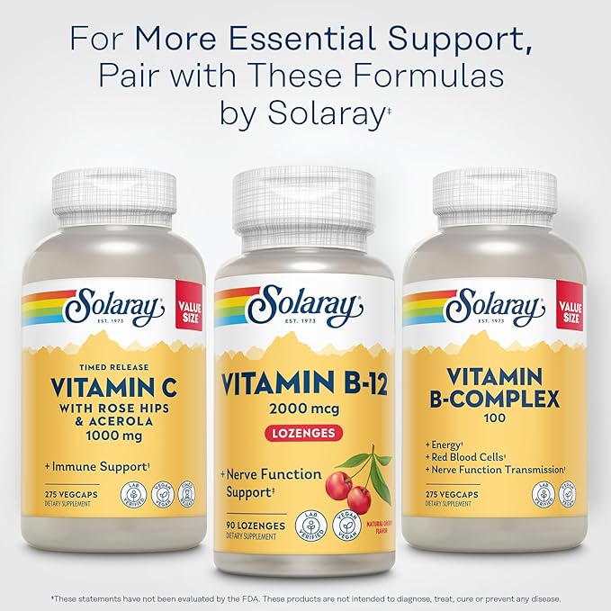 SOLARAY Vitamin B12 2000 mcg Lozenges - No Sugar, Natural Cherry Flavor Vitamin B 12 Supplement for Nerve Function, Energy and Red Blood Cell Support - Lab Verified, Vegan - 90 Servings, 90 Lozenges