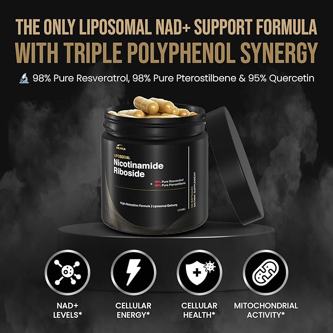DLNIA Liposomal NAD+ Supplement & NMN Alternative | Nicotinamide Riboside (NR) 1258 mg with Resveratrol, Quercetin, Pterostilbene & CoQ10-12-Nutrient High-Absorption Cellular Energy & Healthy Aging