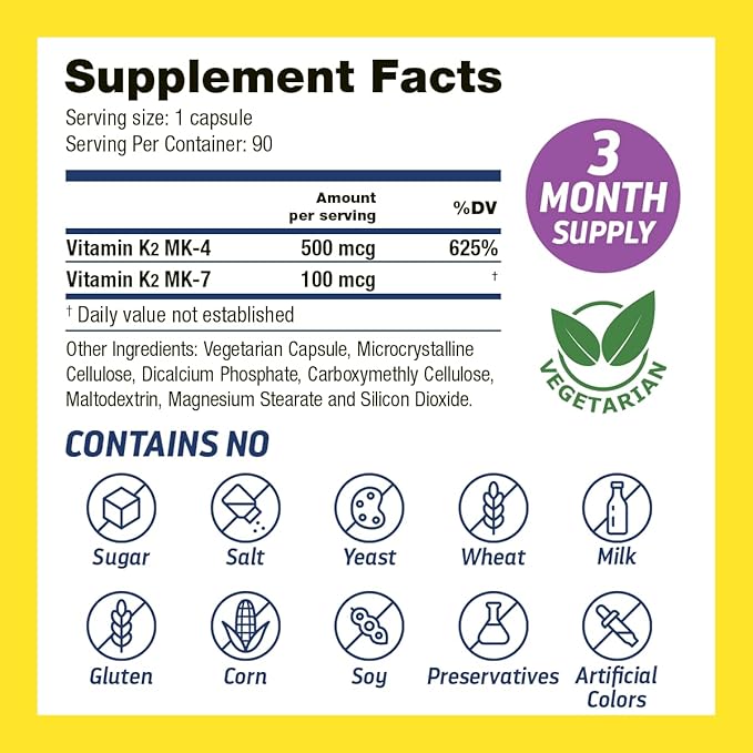 Natural Vitamin K2 MK4 & MK7 | 600 Mcg High Potency Dual Action for Bone Strength & Heart Health - Made in USA Backed by 30+ Years - Kosher & cGMP Certified, Non-GMO - 3 Month Supply