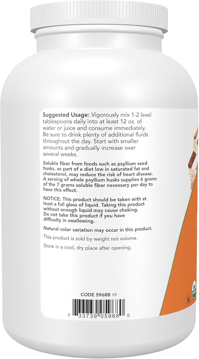 NOW Foods Supplements, Whole Psyllium Husks, Certified Organic, Non-GMO Project Verified, Soluble Fiber, 12-Ounce