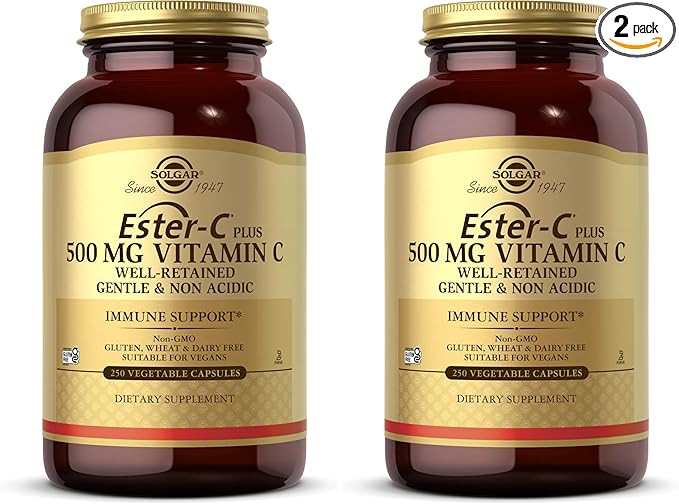 Solgar Ester-C Plus 500 mg Vitamin C (Ascorbate Complex),250 Vegetable Capsules - Gentle & Non Acidic - Antioxidant & Immune Support - Non GMO,Vegan,Gluten Free,Kosher - 250 Servings,(Pack of 2)