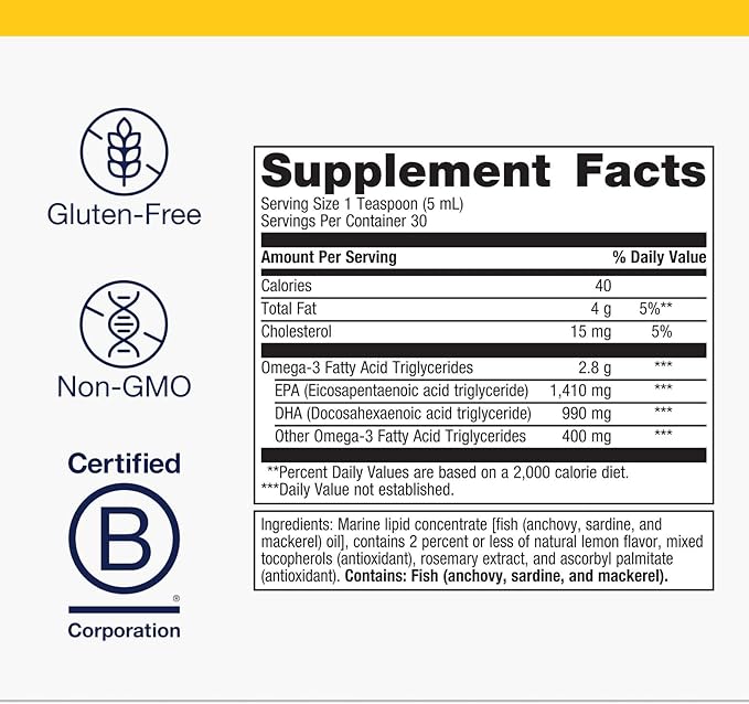 Metagenics OmegaGenics EPA-DHA 2400 mg - High Potency Liquid Fish Oil Supplement for Heart Health & Immune Support* - Sustainably Sourced - Lemon Flavor - Non-GMO & Gluten-Free - 30 Servings