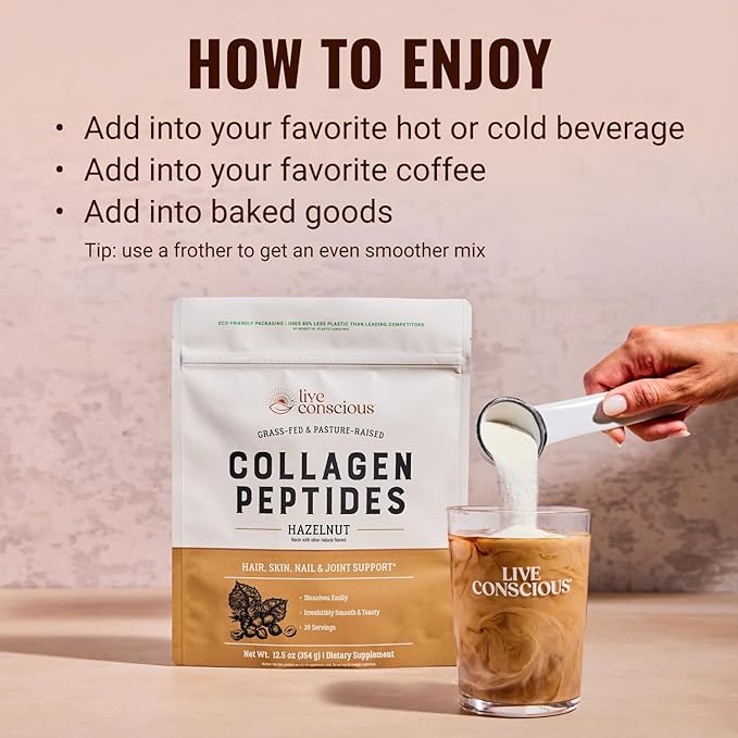 Live Conscious Collagen Peptides Powder - Hazelnut Flavored Collagen Powder - Hair, Skin, Nail, & Joint Support - Type I & III Grass-Fed Collagen Supplements for Women and Men - 30 Serving - 12.4oz