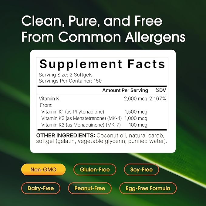 NatureBell Vitamin K Complex - 300 Softgels - Delivers 2,600mcg Vitamin K - Full Spectrum Bone & Heart Health Support Supplement - High Absorption K1 & K2 MK-4 & MK-7*