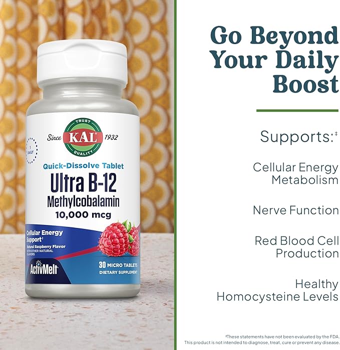 KAL Ultra B12 Methylcobalamin 10,000mcg, High Potency Vitamin B-12 for Healthy Energy, Metabolism, Nerve, Red Blood Cell Support,* Natural Raspberry Flavor, Vegetarian, 30 Micro Tablets, 30 Servings