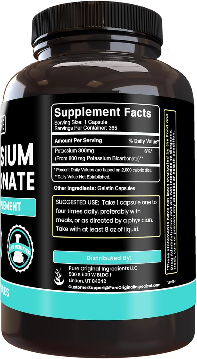 Pure Original Ingredients Potassium Bicarbonate (365 Capsules) No Magnesium Or Rice Fillers, Always Pure, Lab Verified