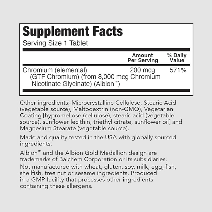 Pure Formulas Chromium 200 mcg Tablets, Glucose Metabolism Support Supplement for Daily Wellness, Non-GMO, Vegan, and Kosher, Chromium Nicotinate Glycinate for Metabolic Balance - 100 Count