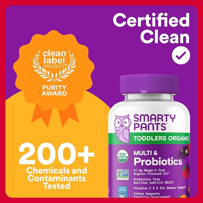 SmartyPants Organic Toddler Multivitamin Gummies: Probiotics,Omega 3 (ALA),Vitamin D3,C,Vitamin B12,B6,A,K&Zinc,Beta Carotene,Gluten Free,Three Fruit Flavors, (30 Day Supply),60 Count (Pack of 2)